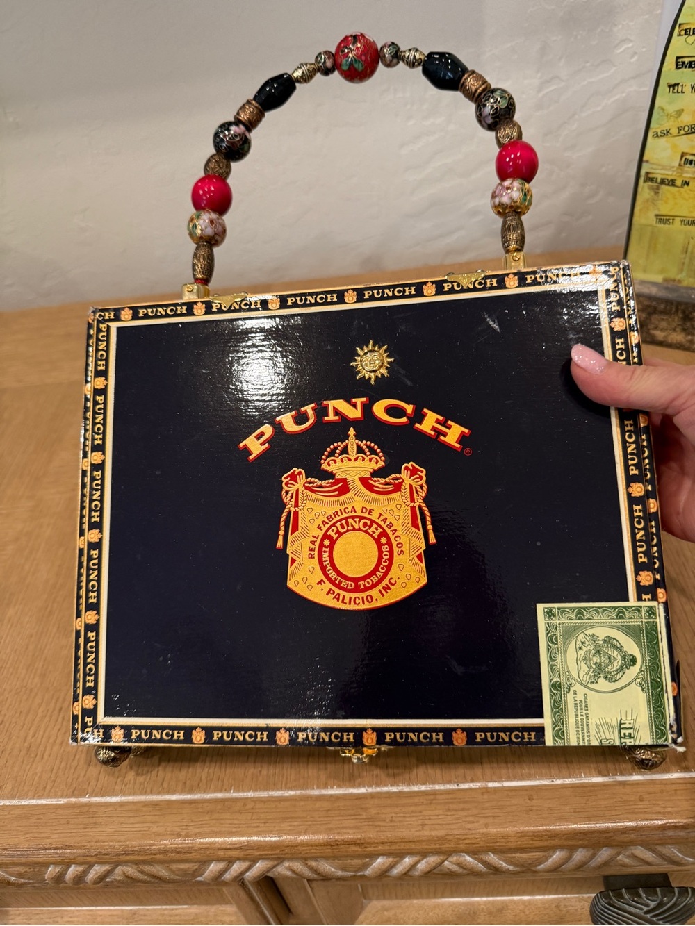 Custom Cigar Box Purse with Beaded Handle and Lined interior